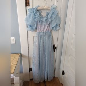 Vintage Polka Dot Sheer Puff Sleeve Off Shoulder Mid century Prom Dress